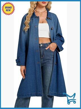 Denim Trench Coat Women Midi Long Oversized Single Breasted Maxi Duster